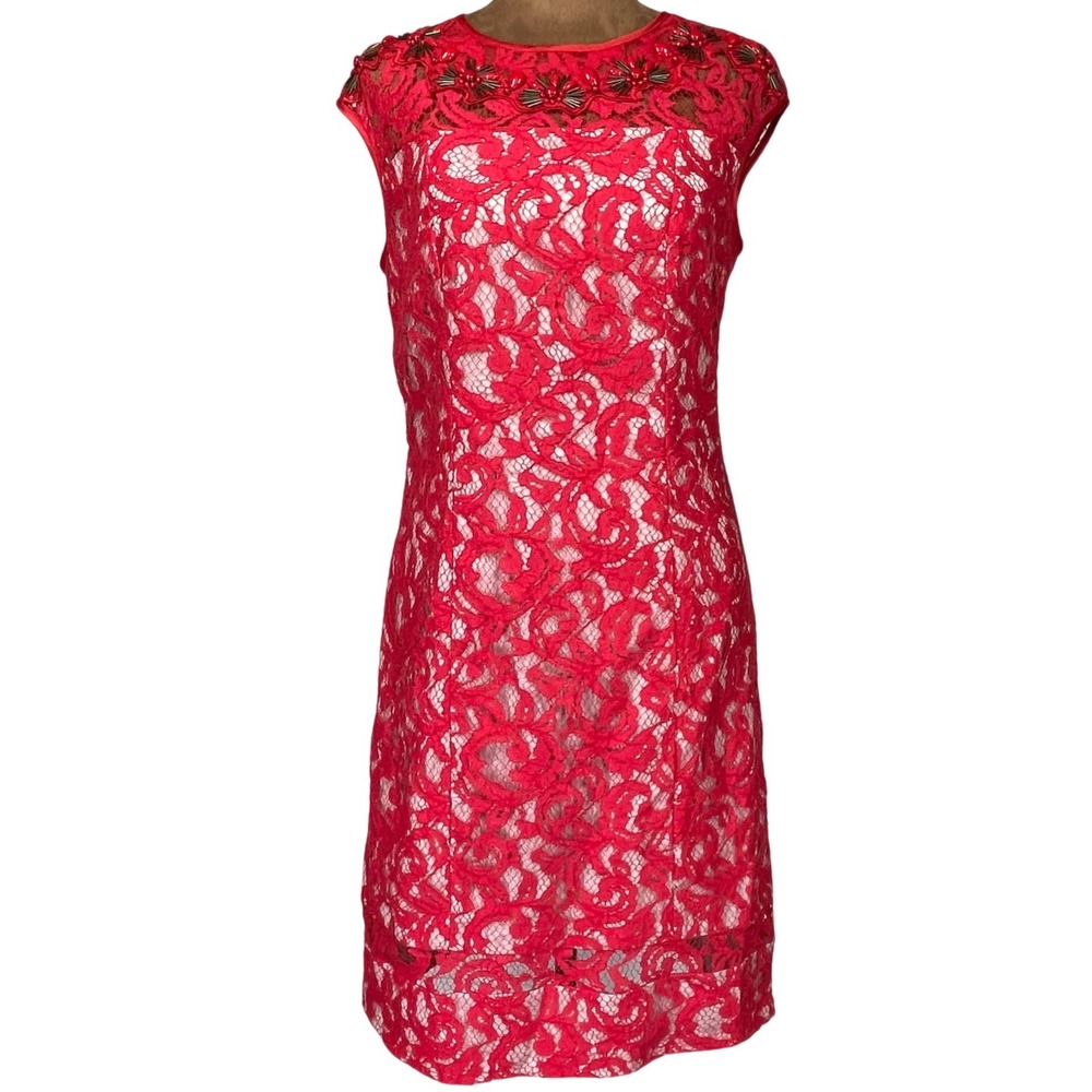 Adrianna Papell Red Floral Lace Beaded Neckline Sheath Dress NWT